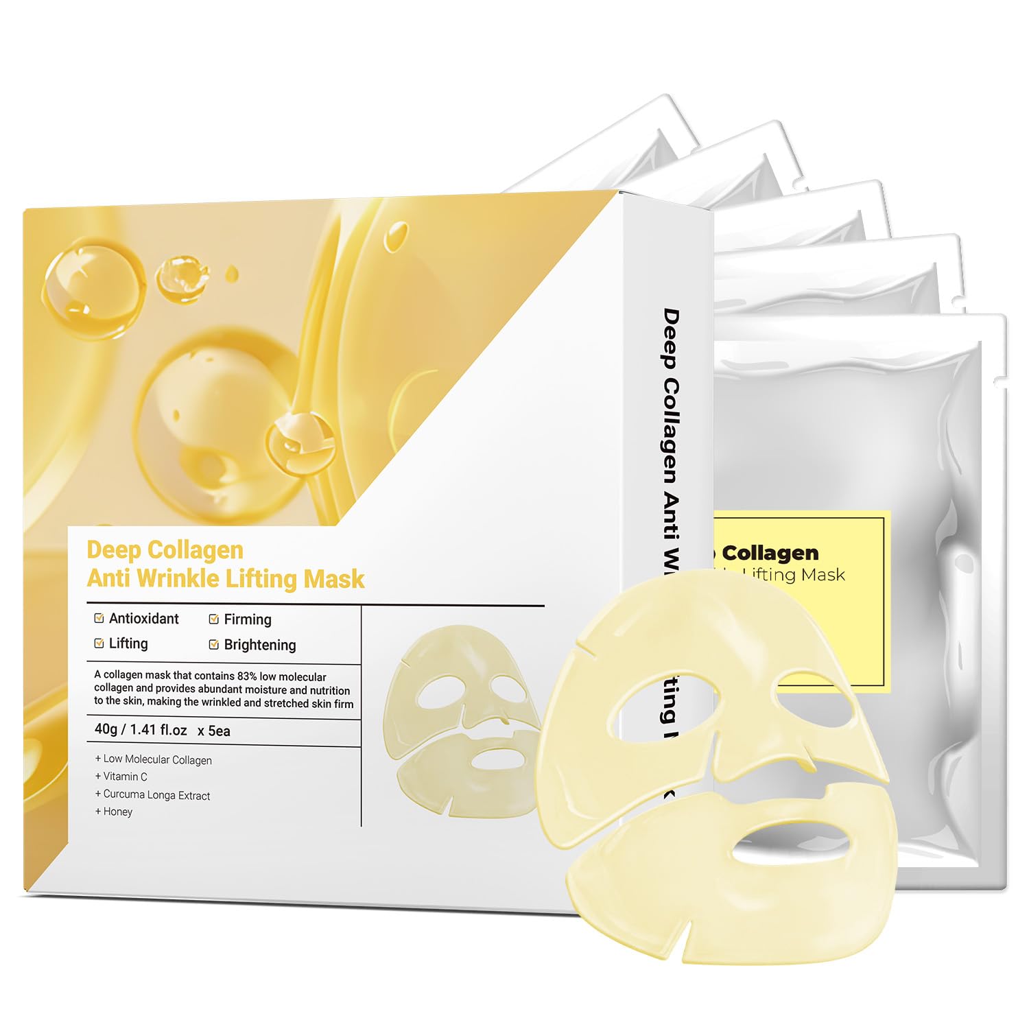 MUQIAN Vitamin C & Turmeric Hydrating Collagen Face Mask Sheet with Honey for Radiant Skin for Lifting, Firming, and Moisturizing 40g x 5ea